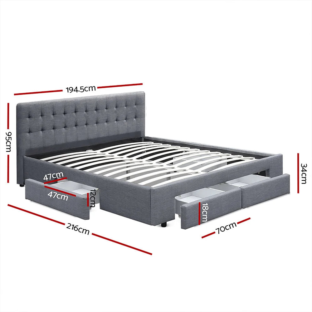Tiyo Bed Frame Fabric Storage Drawers Grey King - Bedroom