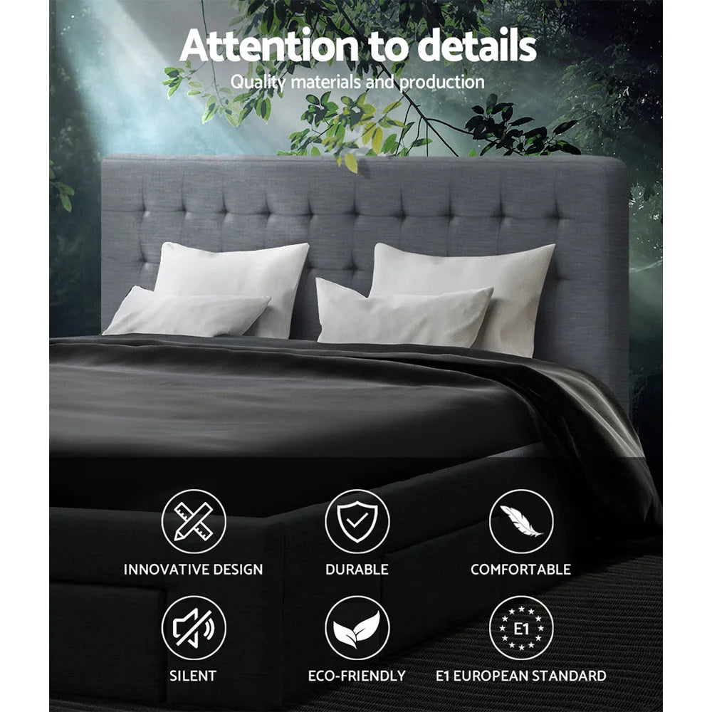 Tiyo Bed Frame Fabric Storage Drawers Grey Queen - Bedroom