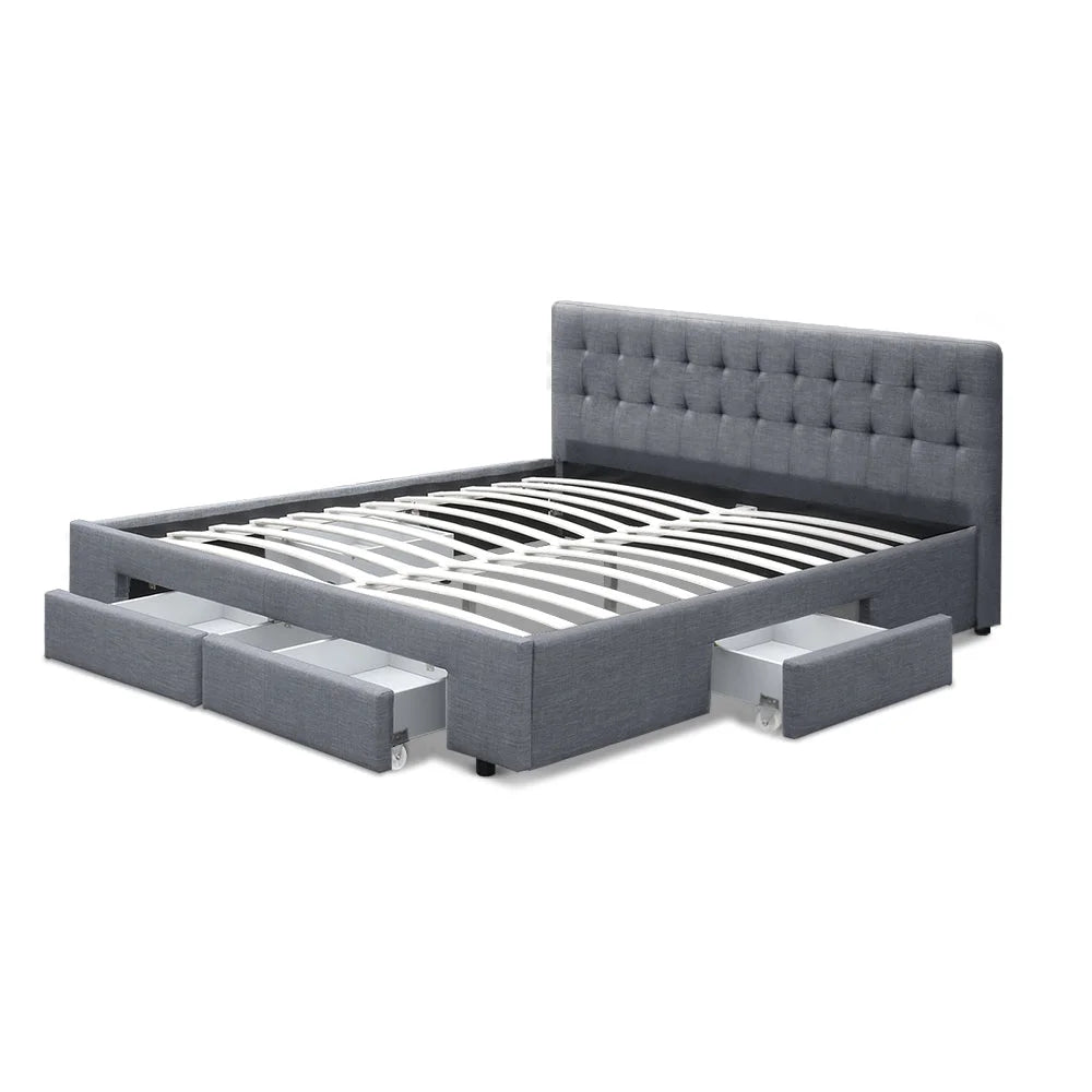 Tiyo Bed Frame Fabric Storage Drawers Grey Queen - Bedroom