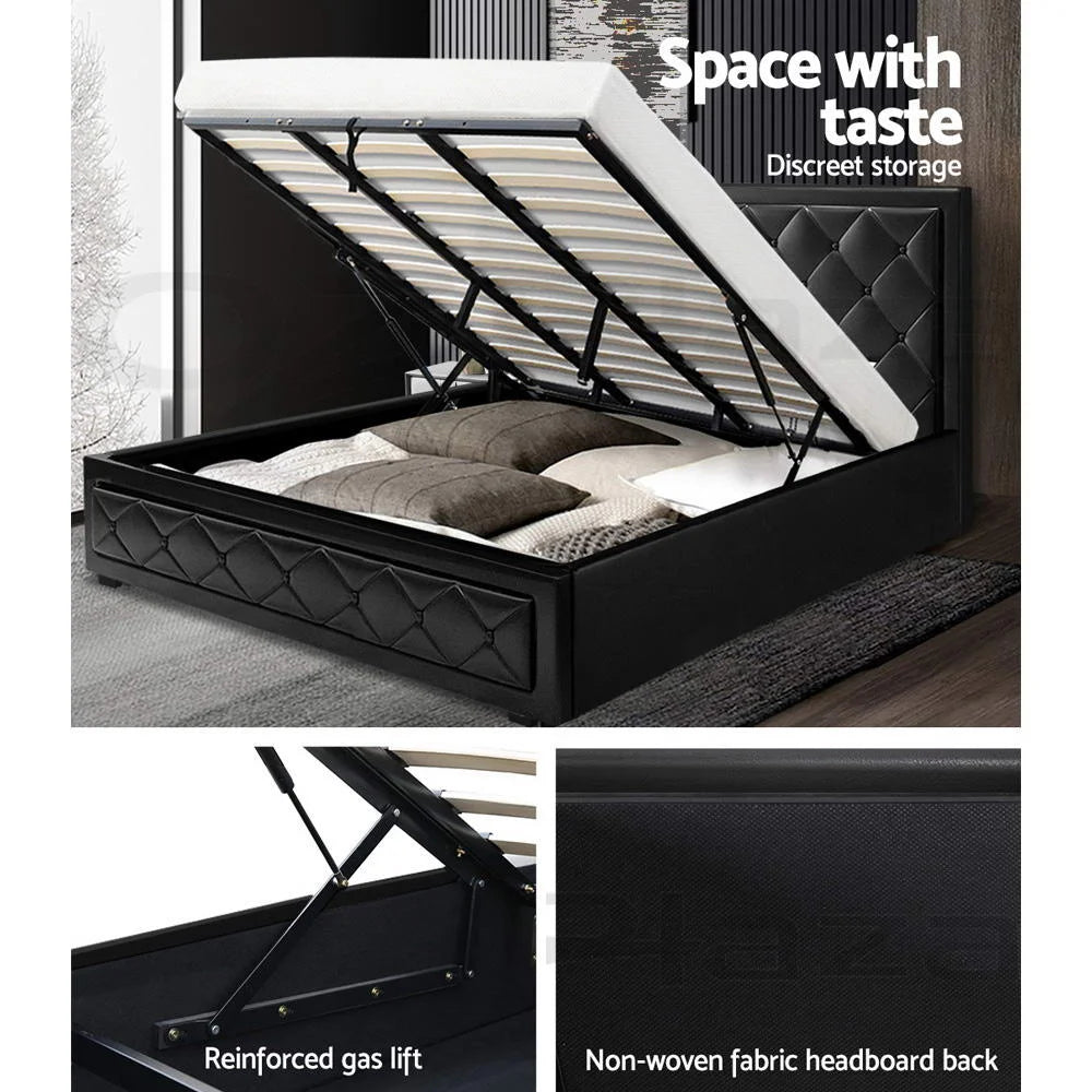 Tiyo Bed Frame PU Leather Gas Lift Storage - Black King