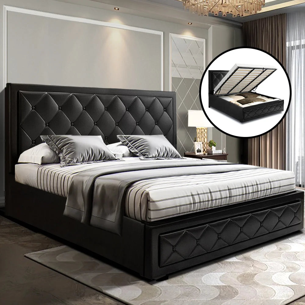Tiyo Bed Frame PU Leather Gas Lift Storage - Black King