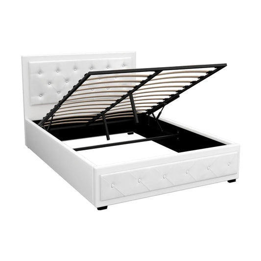Tiyo Bed Frame PU Leather Gas Lift Storage - White Double