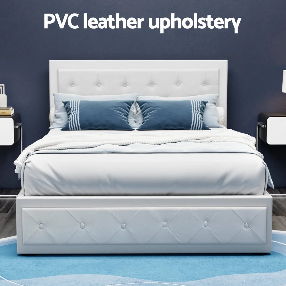 Double white PU leather gas lift storage bed frame