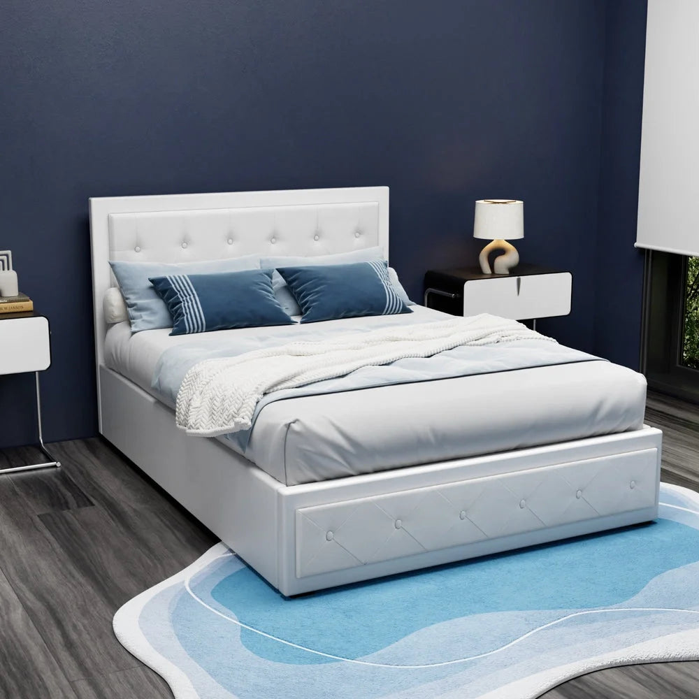 Tiyo Bed Frame PU Leather Gas Lift Storage - White Double