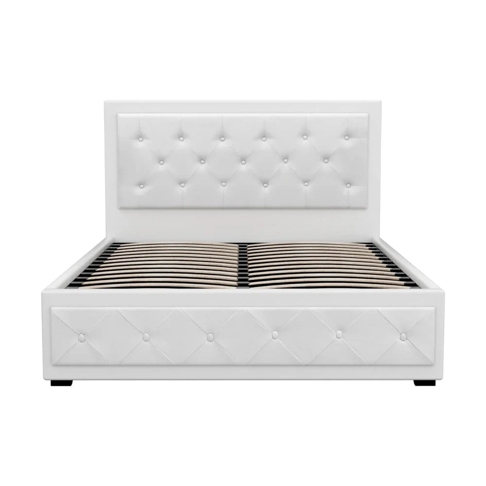 White leather mattress with layered cushioning and fabric casing