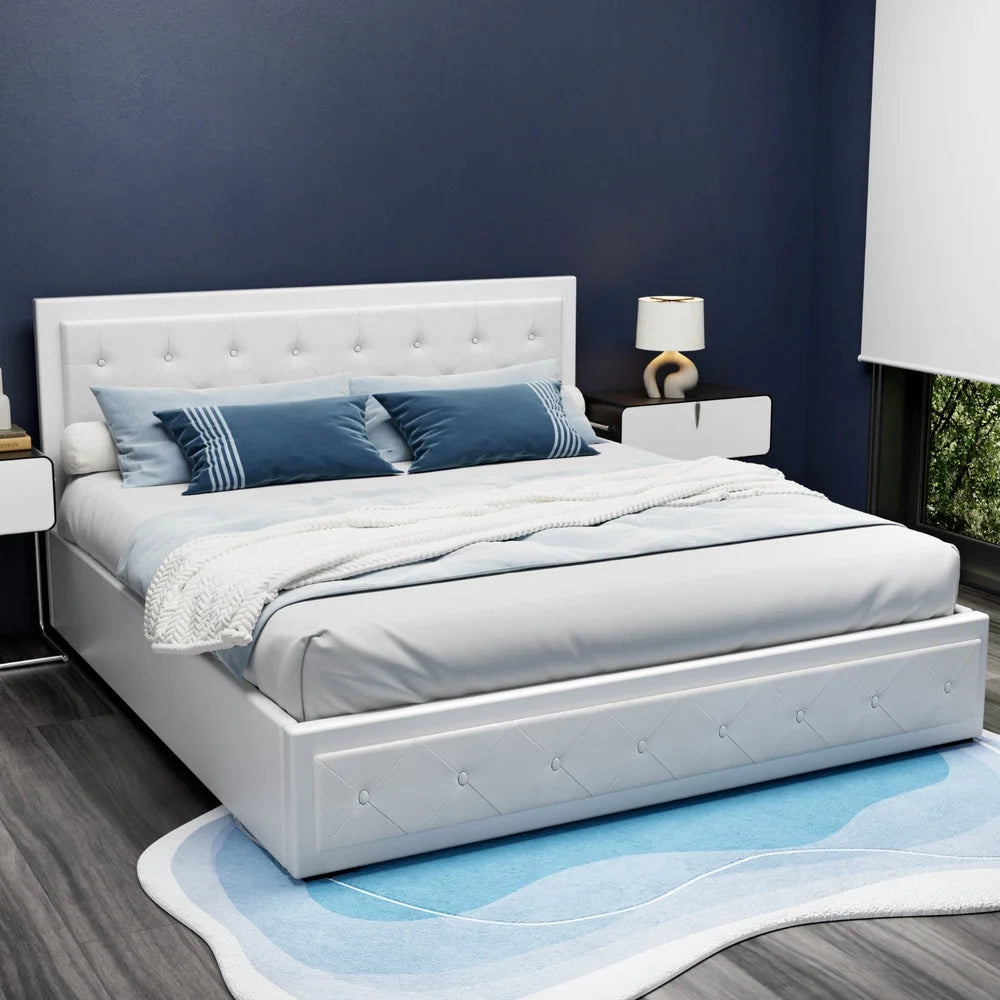 Tiyo Bed Frame PU Leather Gas Lift Storage - White King