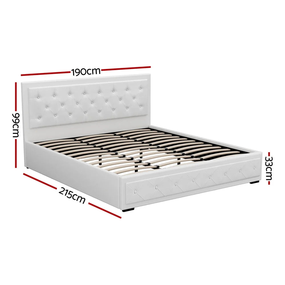 Tiyo Bed Frame PU Leather Gas Lift Storage - White King