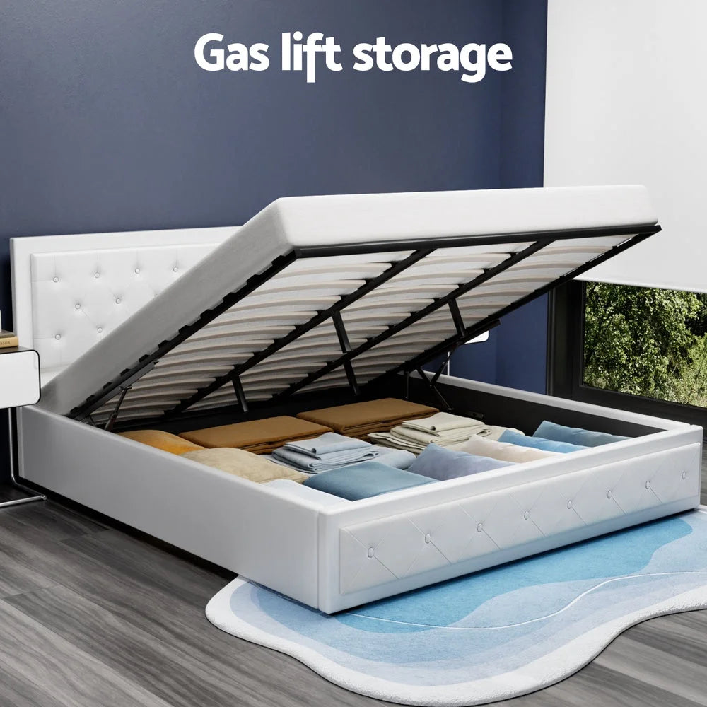 Tiyo Bed Frame PU Leather Gas Lift Storage - White King