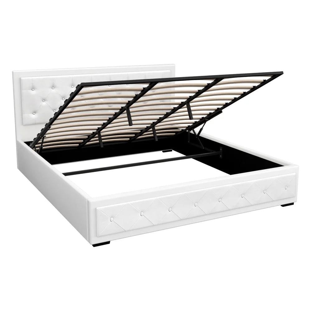 King white PU leather gas lift storage bed frame