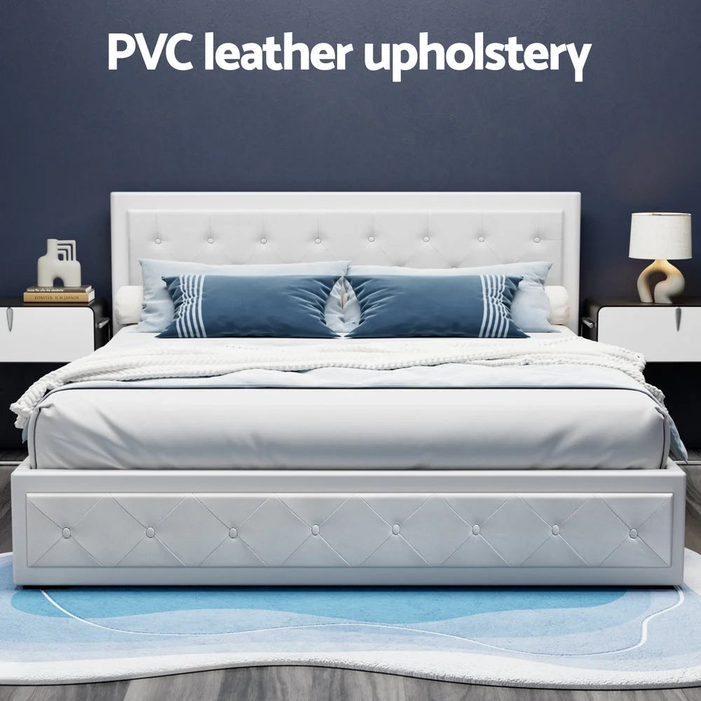 Tiyo Bed Frame PU Leather Gas Lift Storage - White King