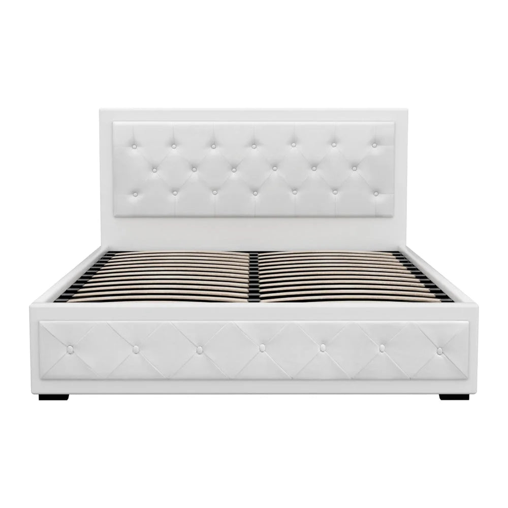Tiyo Bed Frame PU Leather Gas Lift Storage - White Queen