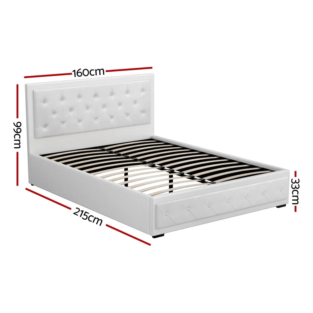 Tiyo Bed Frame PU Leather Gas Lift Storage - White Queen