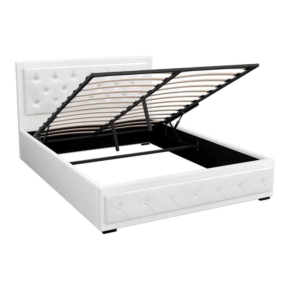 Tiyo Bed Frame PU Leather Gas Lift Storage - White Queen