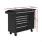 Tool box cabinet with red storage drawers and black wheels