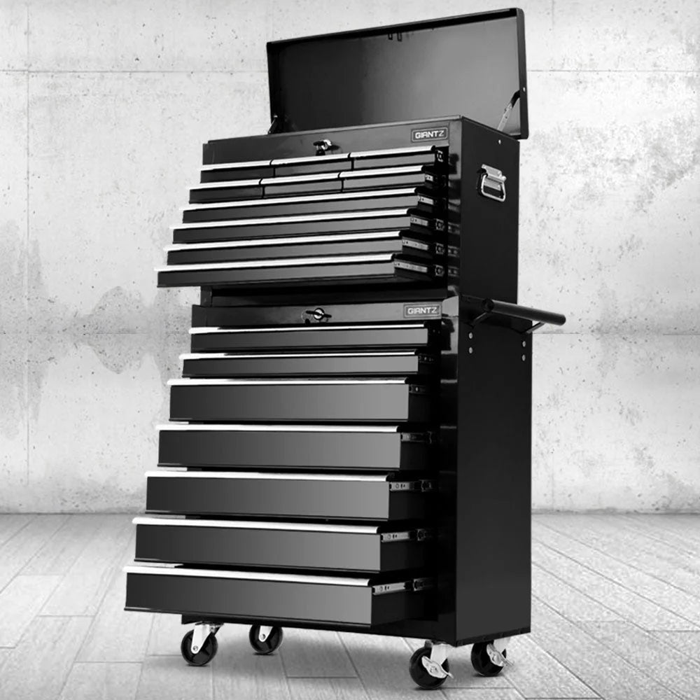 Black workshop tool cabinet with doors and organised storage compartments