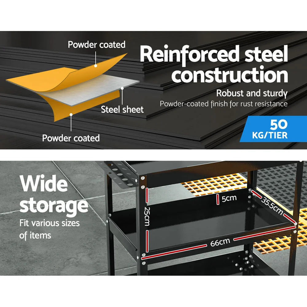 Tool Cart 3‑Tier Steel Trolley Mechanic Organizer Black