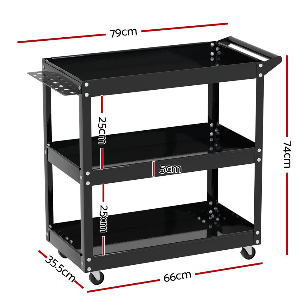Tool Cart 3‑Tier Steel Trolley Mechanic Organizer Black