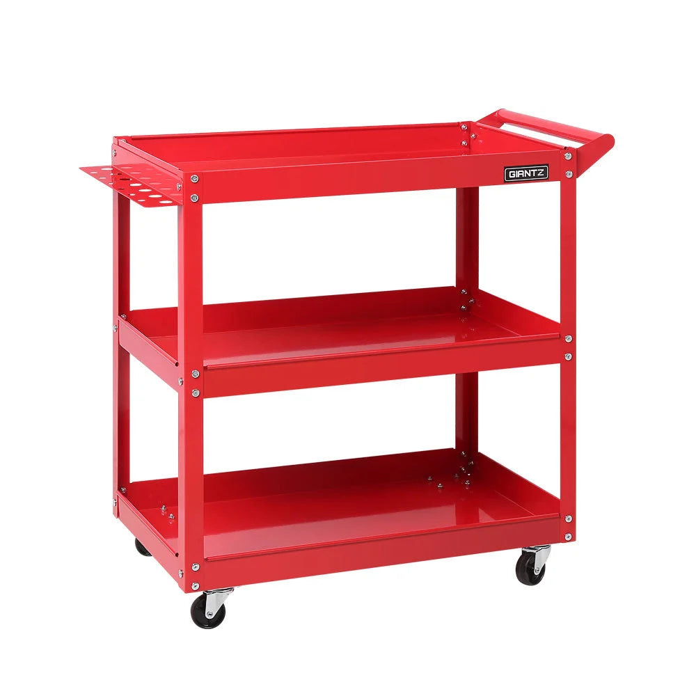 Red steel storage trolley with shelves and rolling caster wheels