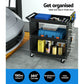 Black tool trolley with drawer storage and towel rail