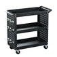 Black tool trolley with handle rail and shelf tiers