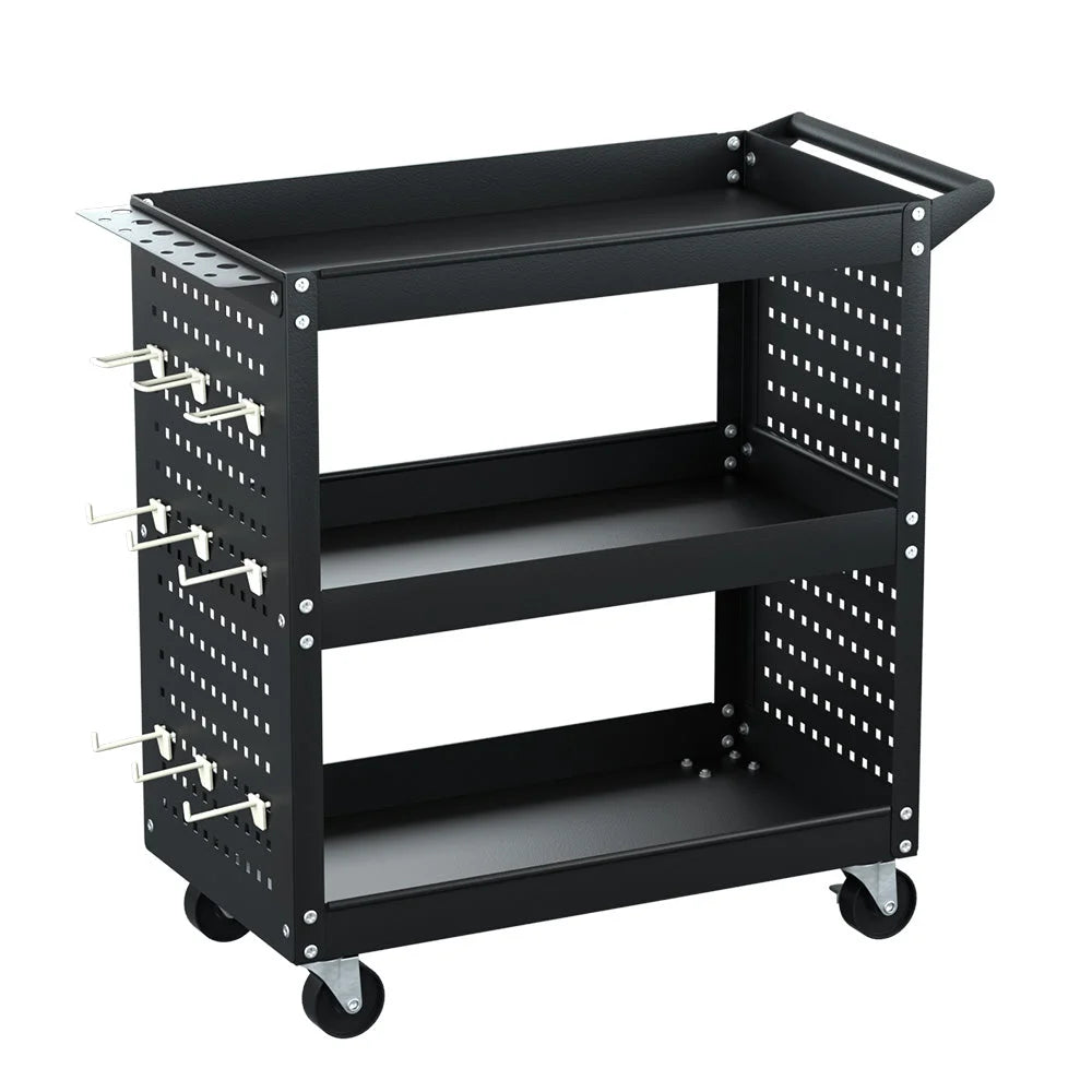 Tool Cart 3-Tier Storage Trolley with Pegboard Hooks - Black