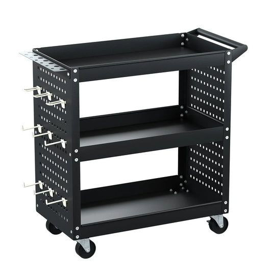 Tool Cart 3-Tier Storage Trolley with Pegboard Hooks - Black