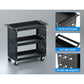 Black tool trolley with cupboard storage and rolling base