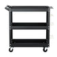 Black tool trolley with tray shelves and side handles