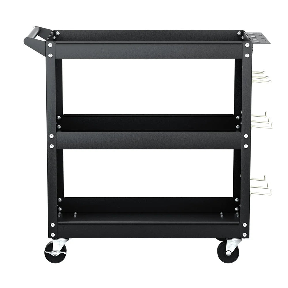 Tool Cart 3-Tier Storage Trolley with Pegboard Hooks - Black