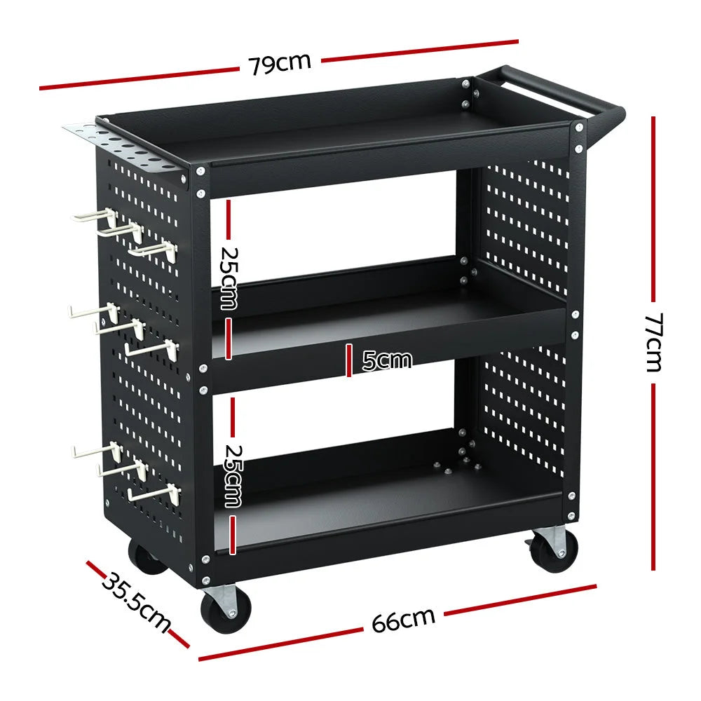 Tool Cart 3-Tier Storage Trolley with Pegboard Hooks - Black