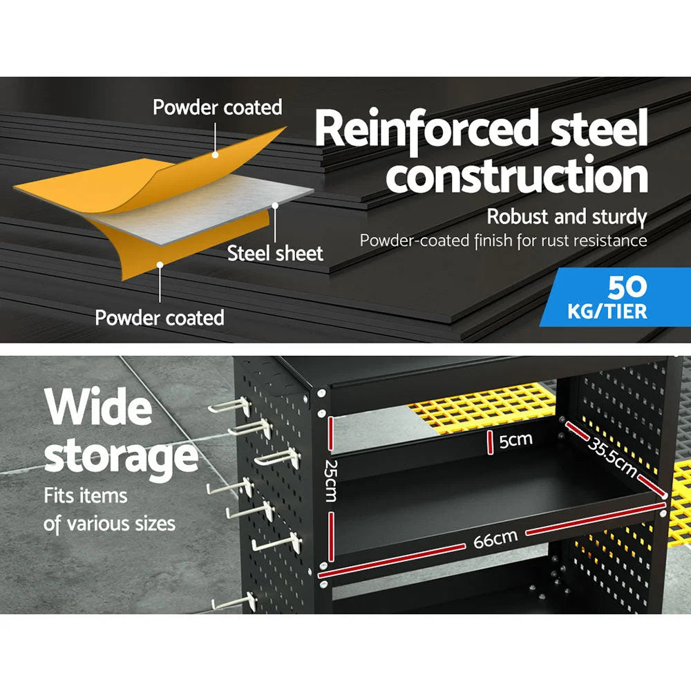 Tool Cart 3-Tier Storage Trolley with Pegboard Hooks - Black