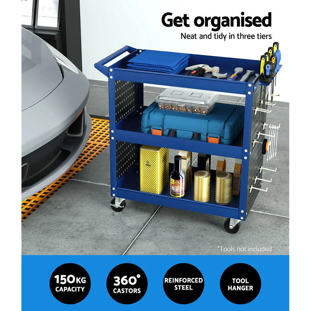 Tool Cart 3-Tier Storage Trolley with Pegboard Hooks - Blue