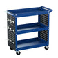 Blue tool trolley with portable shelves and caster wheels