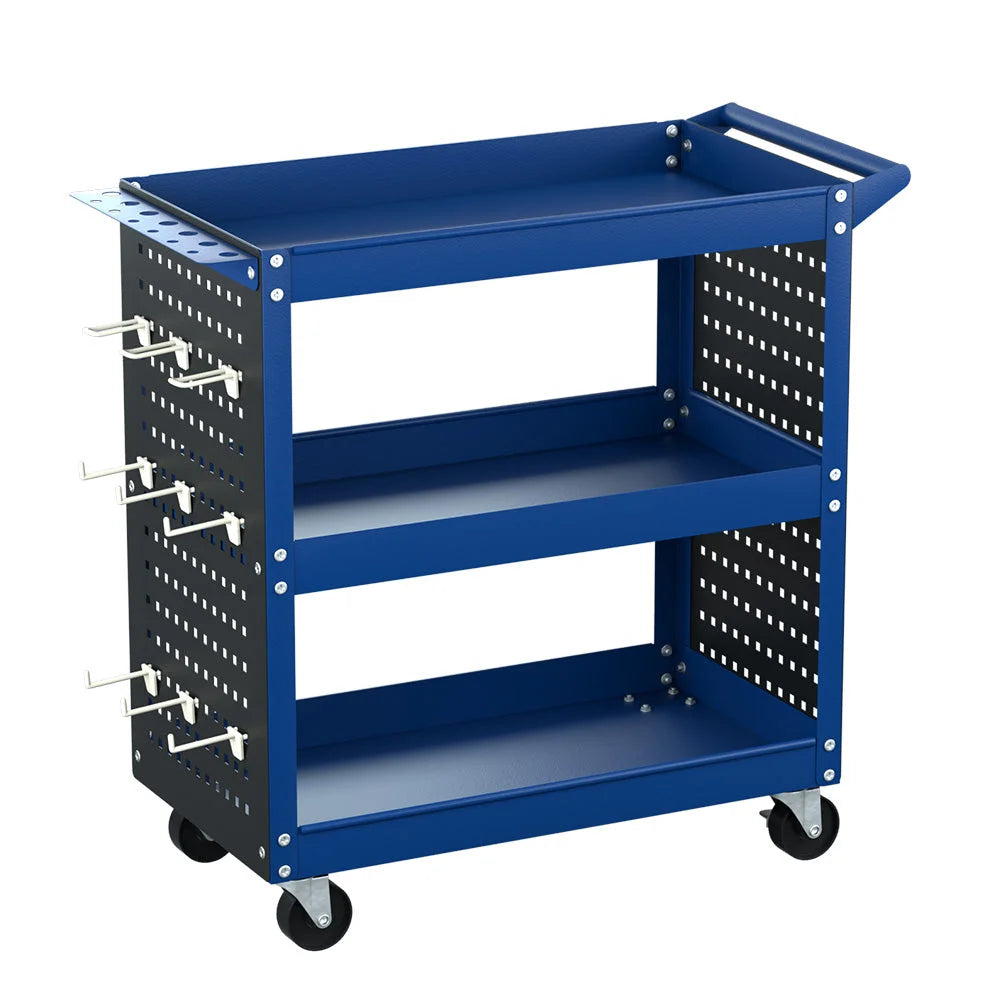Tool Cart 3-Tier Storage Trolley with Pegboard Hooks - Blue