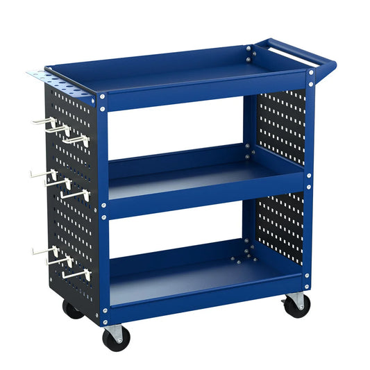 Tool Cart 3-Tier Storage Trolley with Pegboard Hooks - Blue