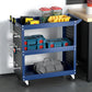 Blue tool trolley with tray shelves and side handles