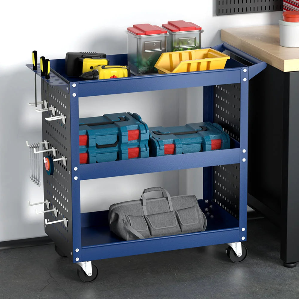 Tool Cart 3-Tier Storage Trolley with Pegboard Hooks - Blue