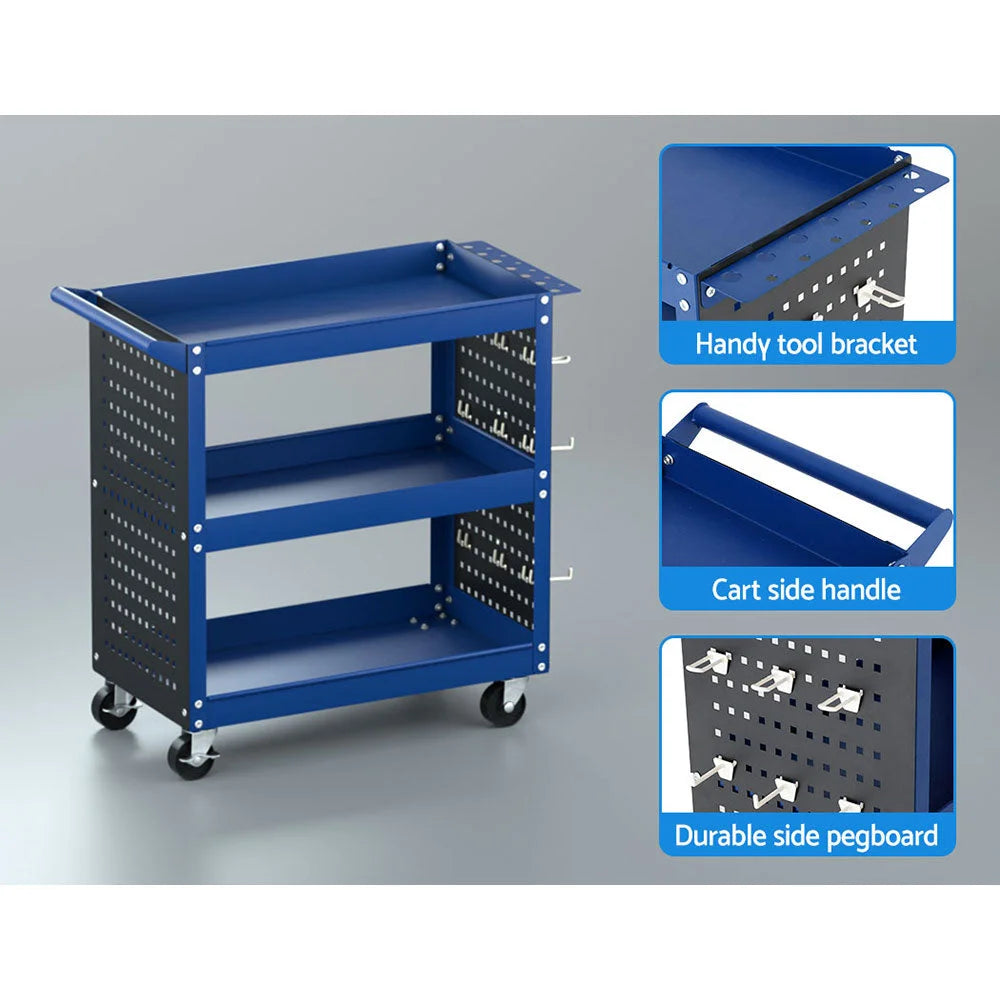 Tool Cart 3-Tier Storage Trolley with Pegboard Hooks - Blue