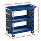 Blue tool trolley with handle rail and shelf tiers
