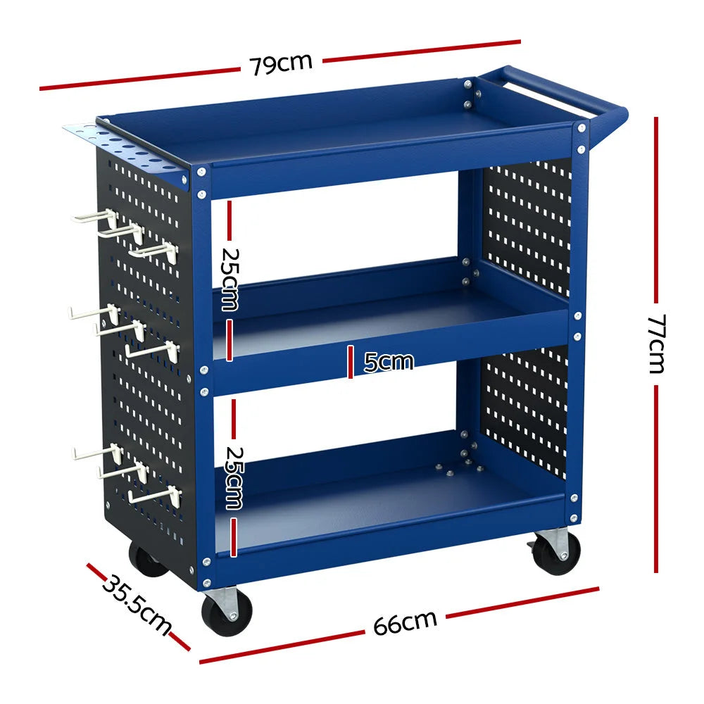 Tool Cart 3-Tier Storage Trolley with Pegboard Hooks - Blue