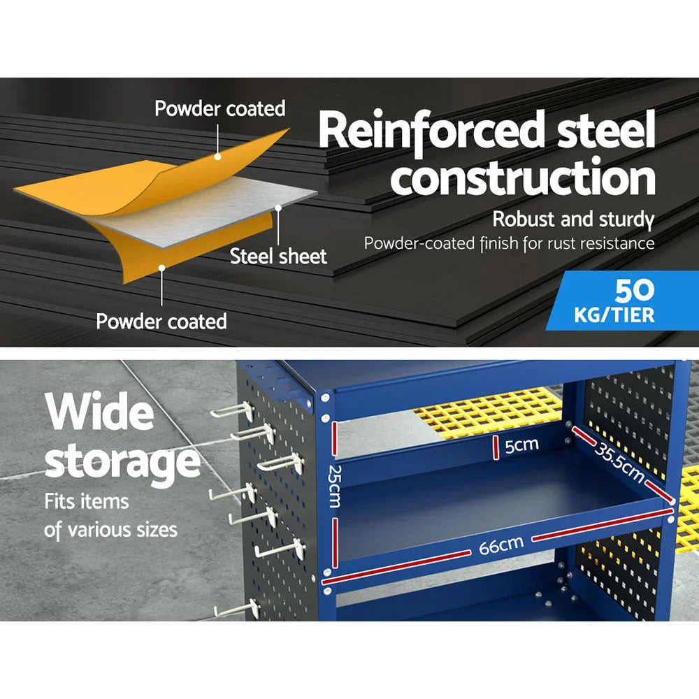 Tool Cart 3-Tier Storage Trolley with Pegboard Hooks - Blue