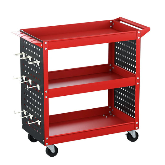 Tool Cart 3-Tier Storage Trolley with Pegboard Hooks - Red