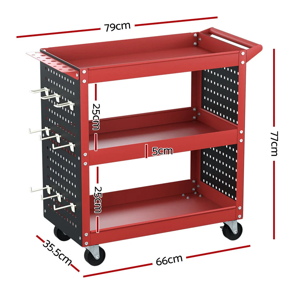 Tool Cart 3-Tier Storage Trolley with Pegboard Hooks - Red