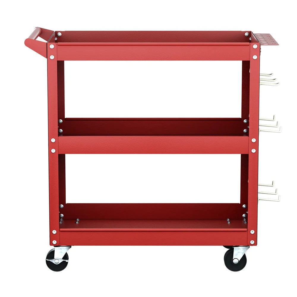 Tool Cart 3-Tier Storage Trolley with Pegboard Hooks - Red