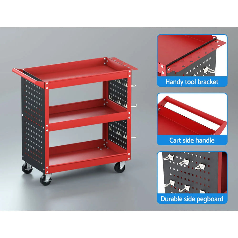 Tool Cart 3-Tier Storage Trolley with Pegboard Hooks - Red