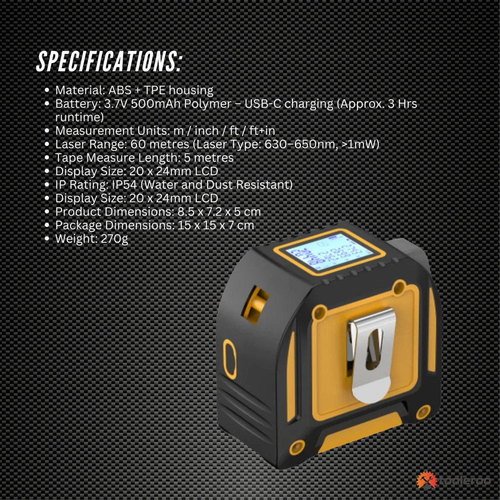 Tooleroo 60m Digital Laser Tape Measure + 5m Steel Tape –