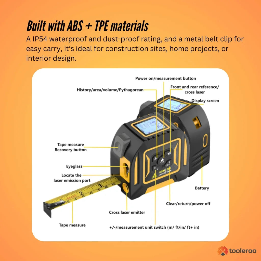 Tooleroo 60m Digital Laser Tape Measure + 5m Steel Tape –