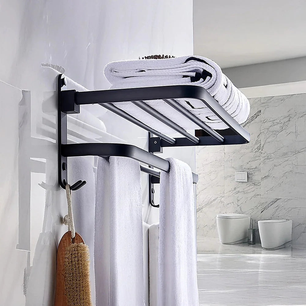 Towel Rack Folding Holder with Hook - Wall-Mounted
