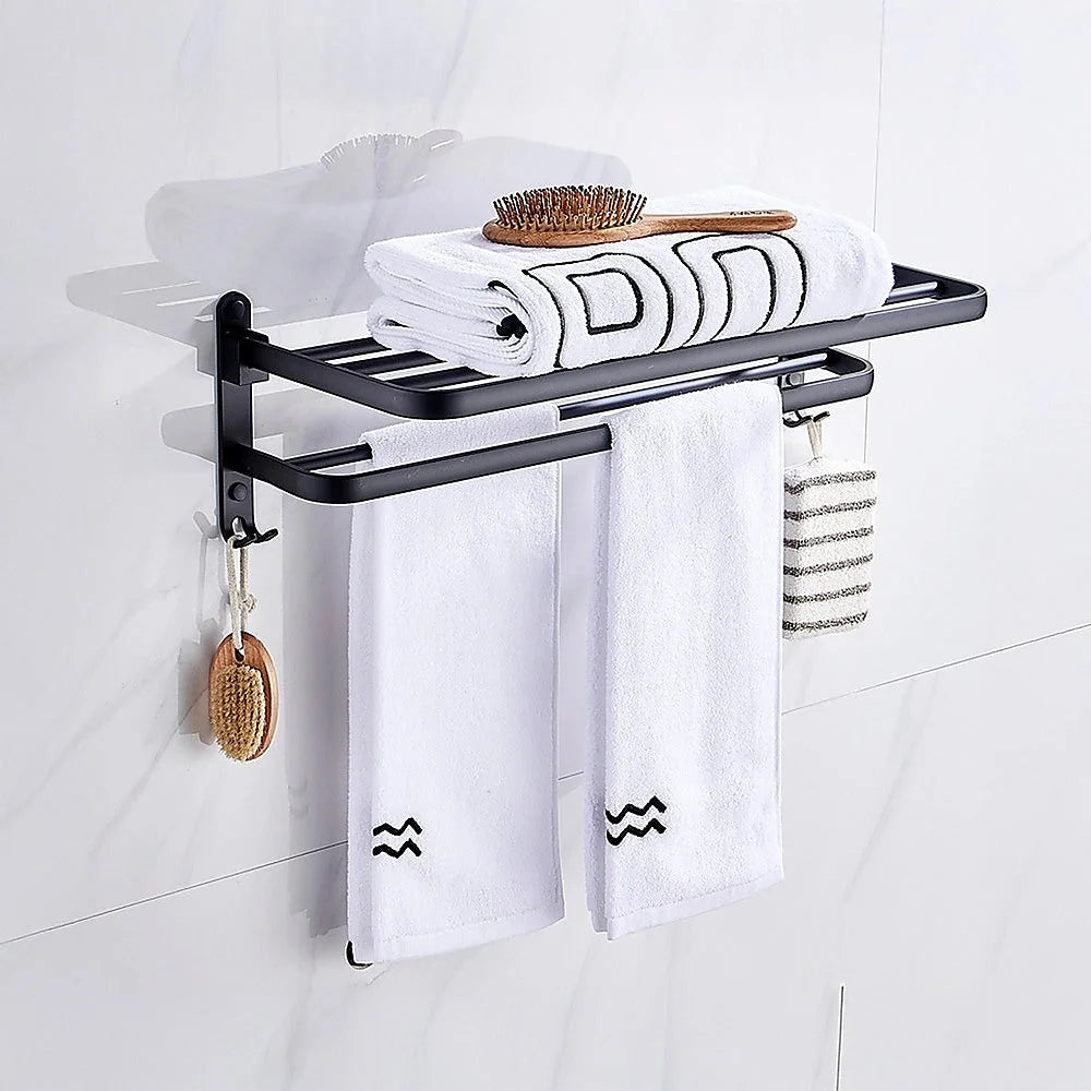 Towel Rack Folding Holder with Hook - Wall-Mounted