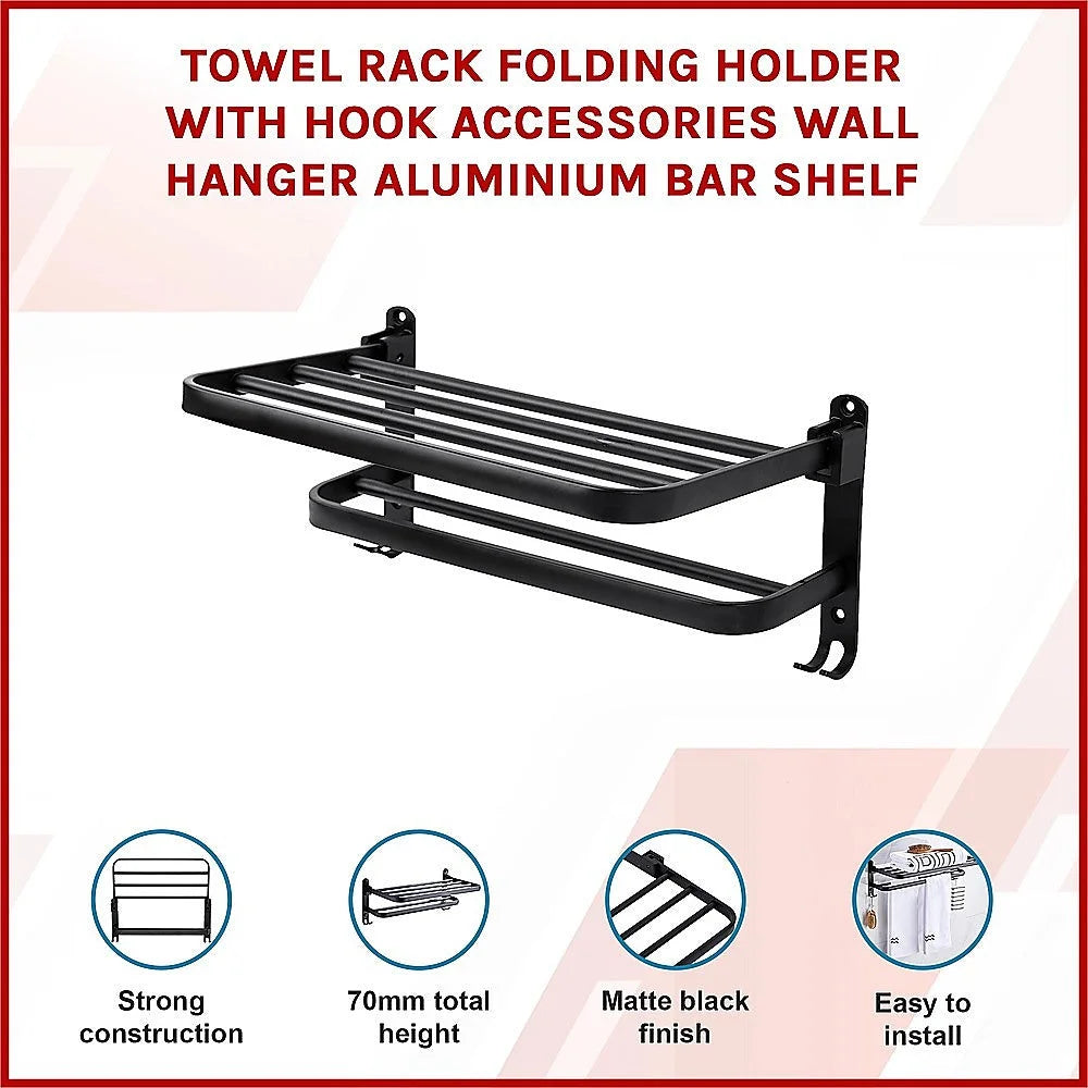 Towel Rack Folding Holder with Hook - Wall-Mounted